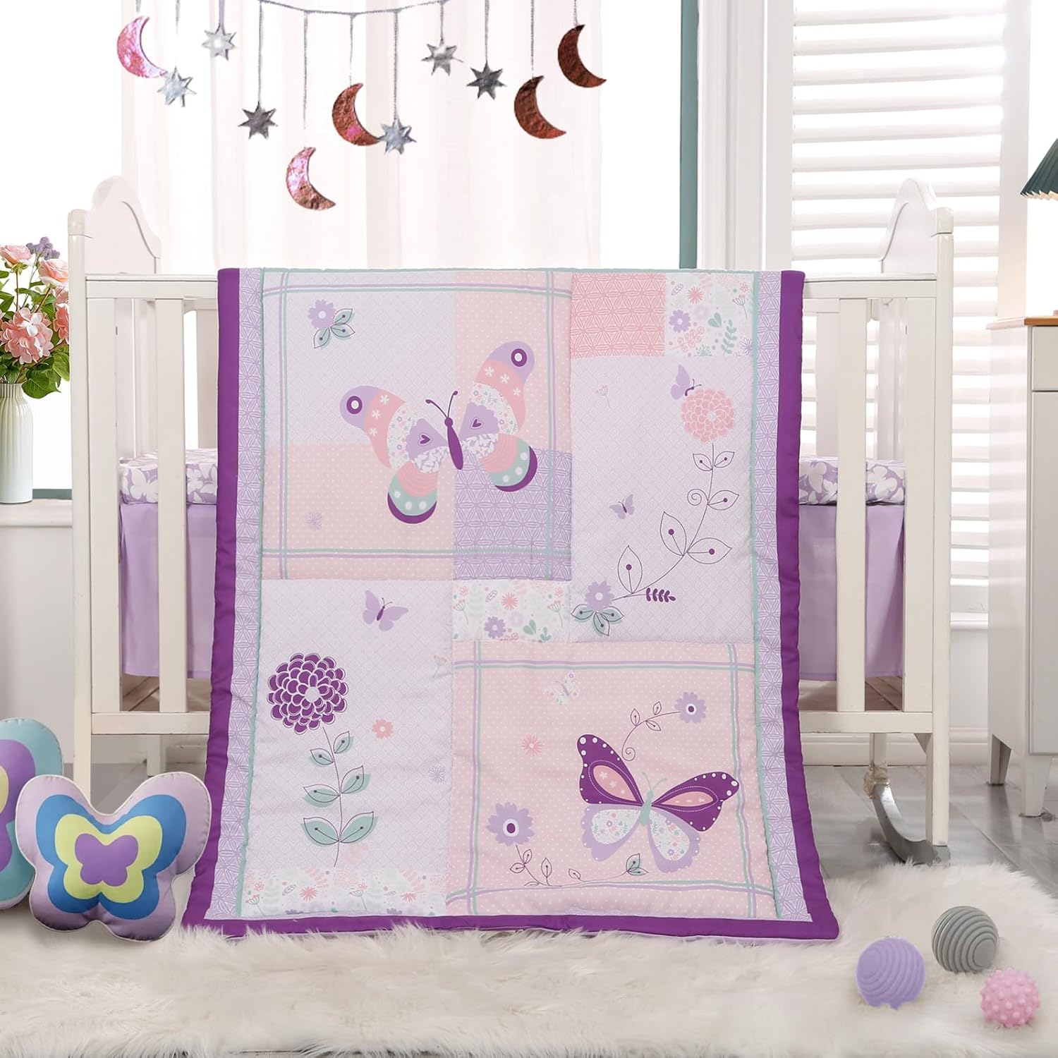 Wowelife girl crib bedding set front view showing purple butterfly comforter on baby cot