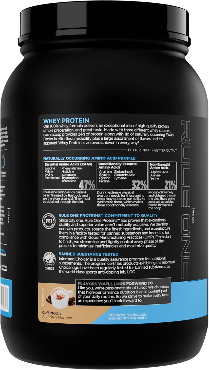 Rule 1 whey protein powder scoop and texture view