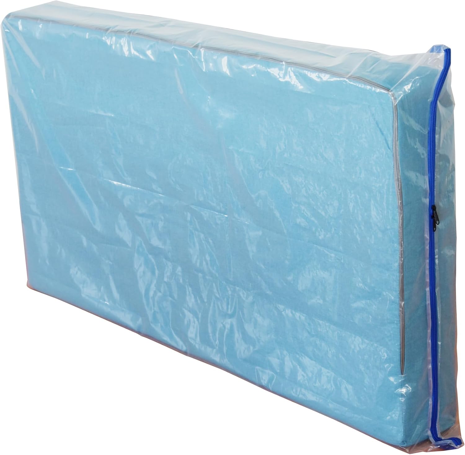 Juneshe crib mattress storage bag front view showing clear plastic material and secure zipper closure for baby bedding protection