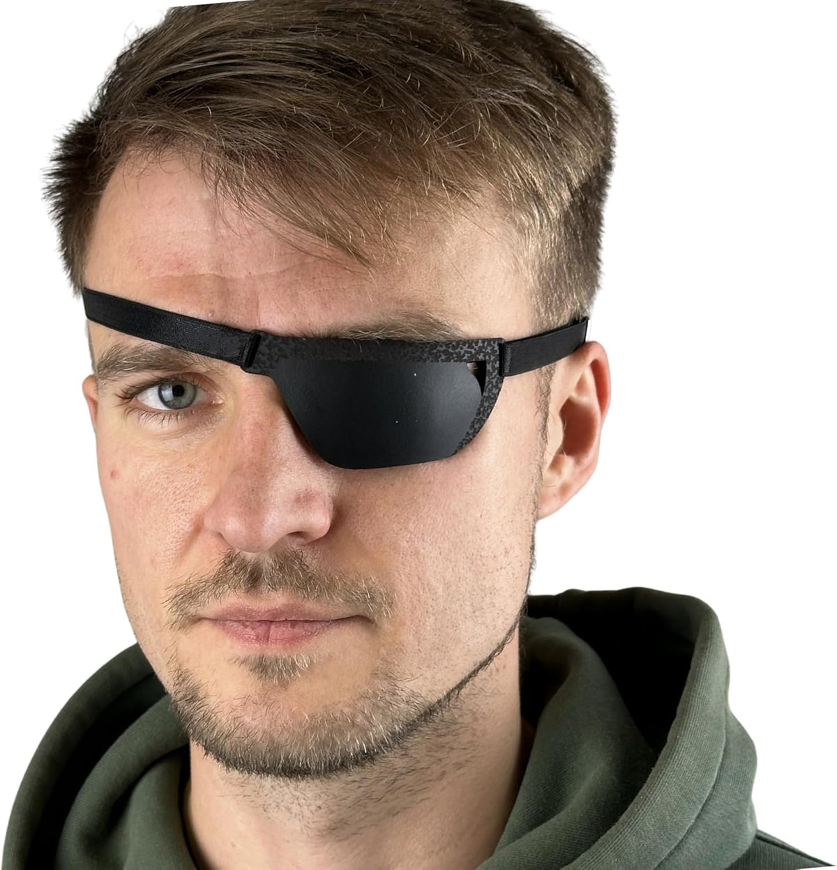 Premium Handmade Leather Eye Patch front view showing black full-grain leather texture.