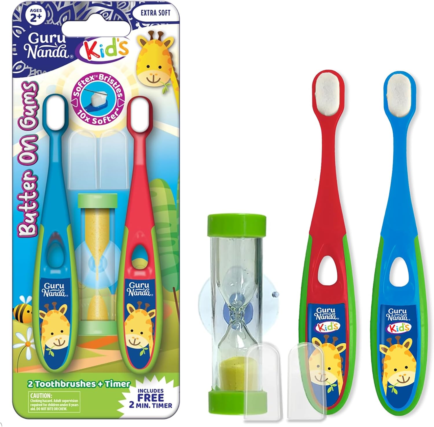 GuruNanda Butter on Gums Toddler Toothbrush 2 Pack with sand timer showing extra soft micro bristles.