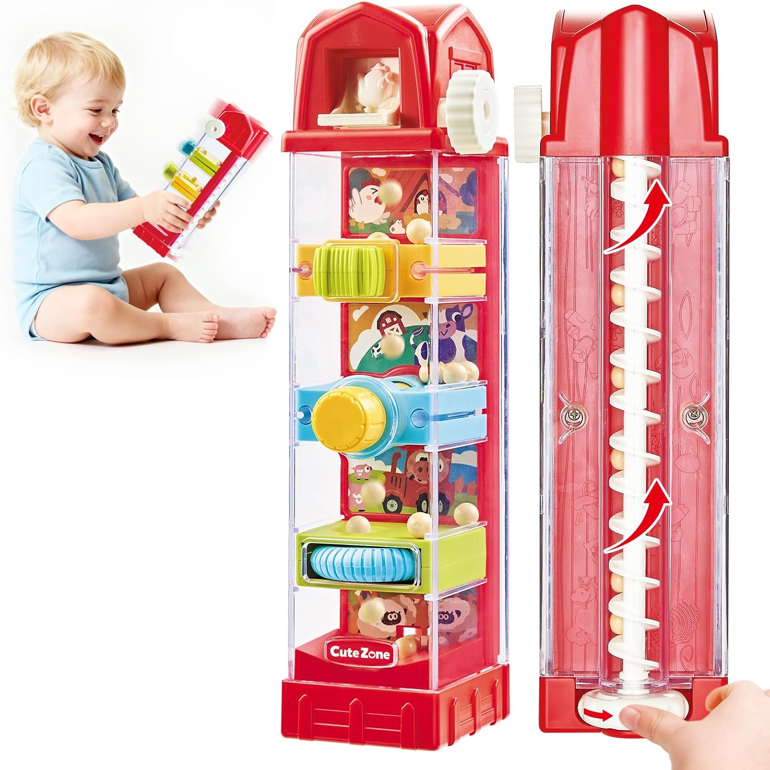 CuteZone Farm Egg Drop Toy front view showing the red chicken coop and interactive buttons.
