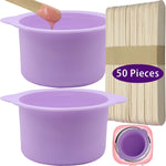 LEISENOR silicone wax warmer liner purple 2-pack front view showing non-stick bowls and wooden spatulas.