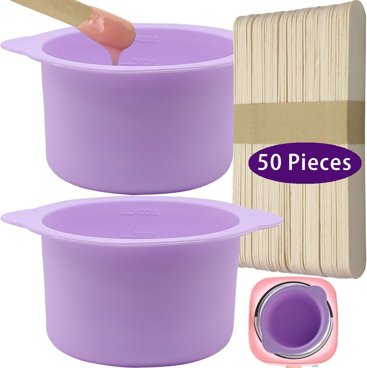 LEISENOR silicone wax warmer liner purple 2-pack front view showing non-stick bowls and wooden spatulas.