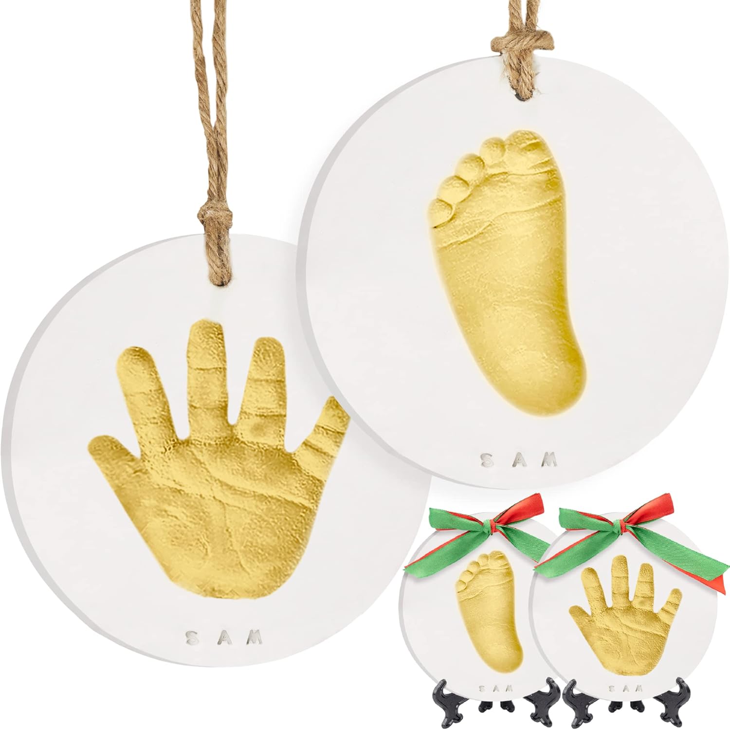 KeaBabies baby handprint and footprint keepsake ornament kit front view packaging and finished gold clay impression