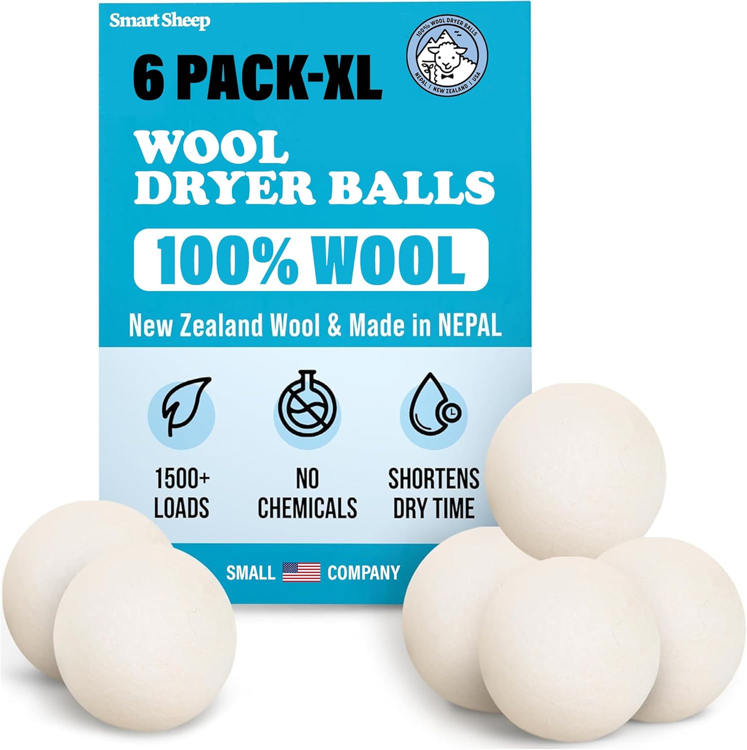 Smart Sheep 6-Pack Wool Dryer Balls front view natural fabric softener