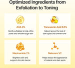 Celimax TXA body clarifying essence jar alongside text highlighting active ingredients.