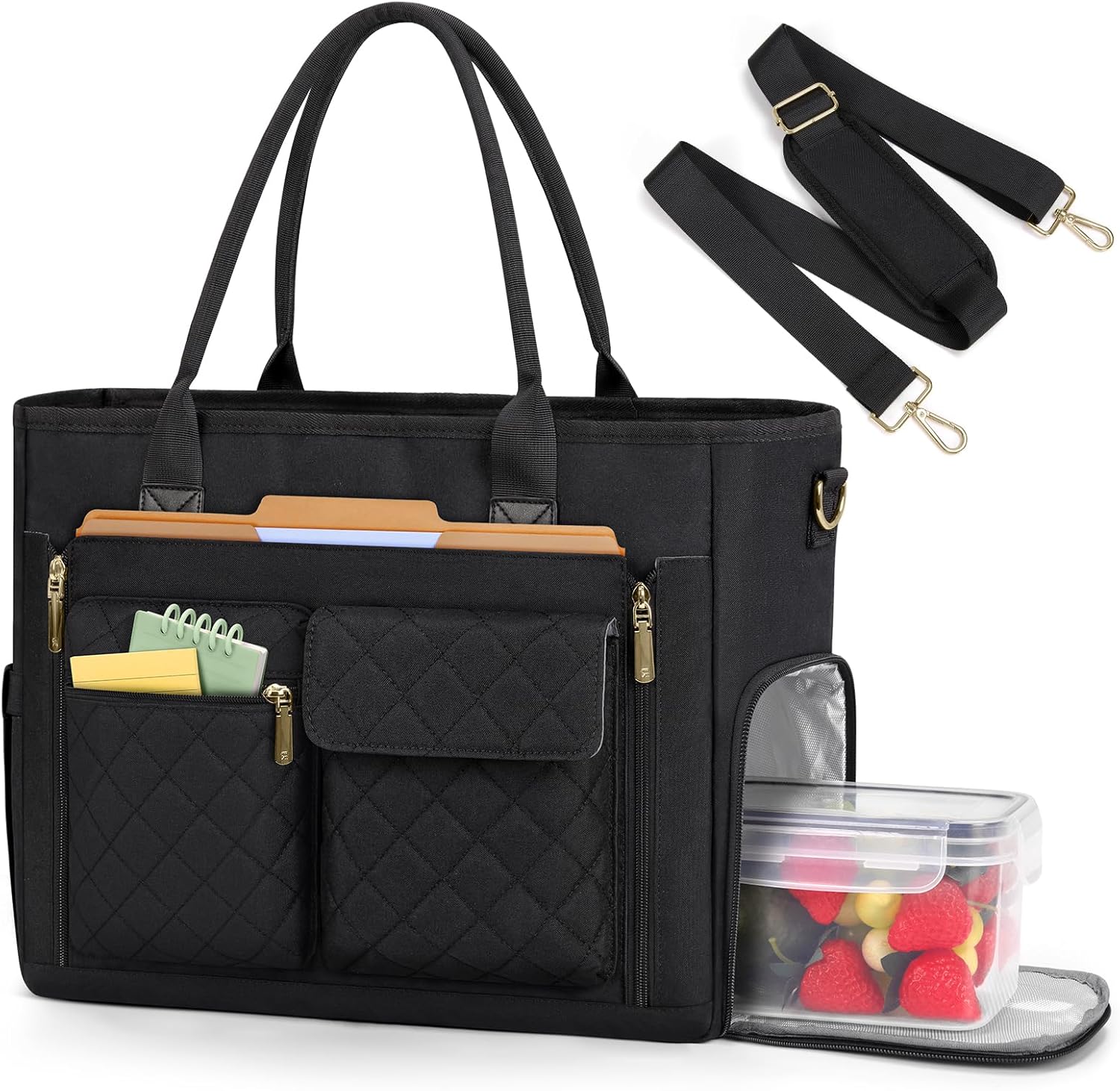 RAINSMORE teacher tote bag front view showing the sleek black water-resistant exterior design for professional women.