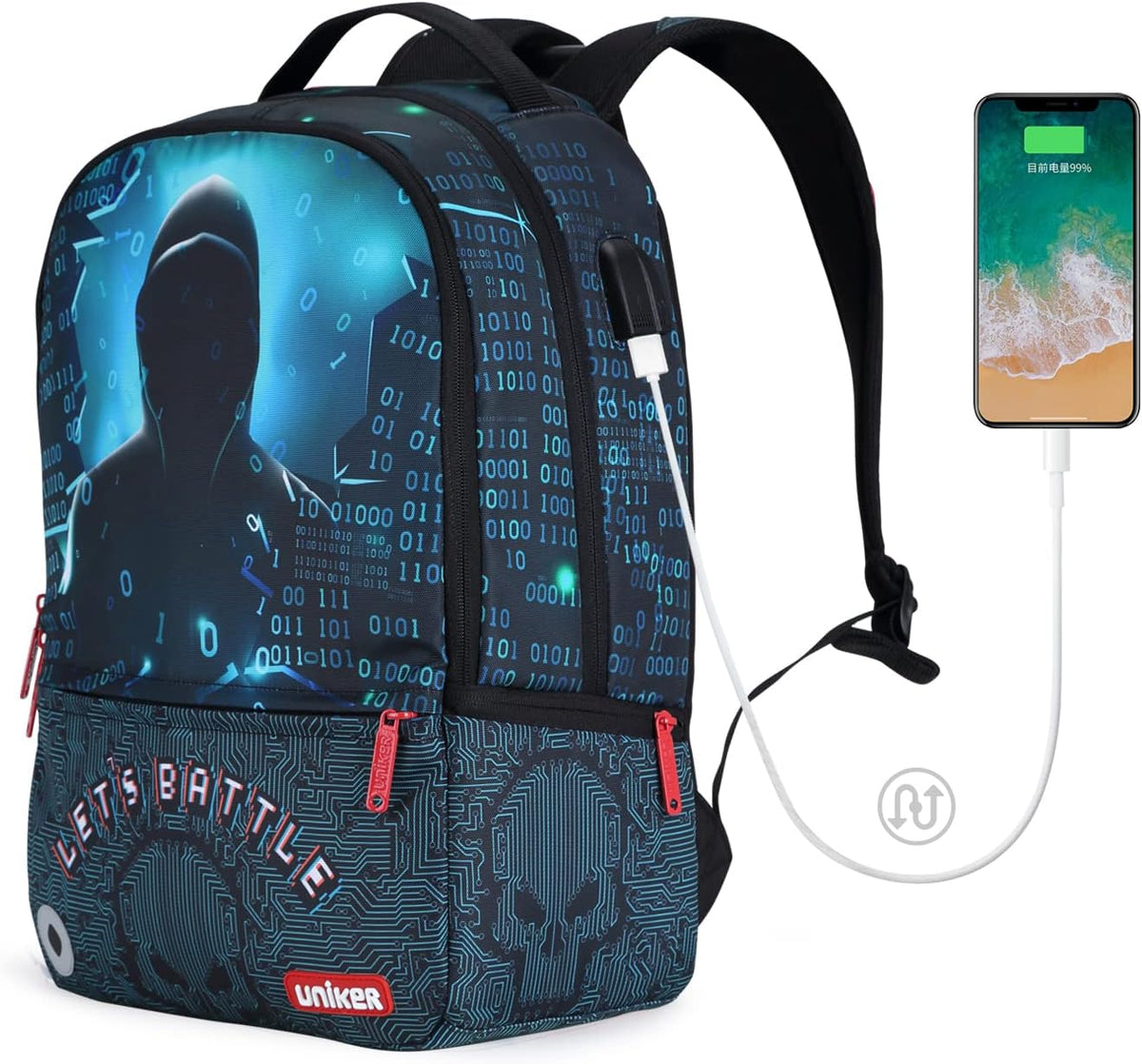 UNIKER laptop backpack side profile with USB port