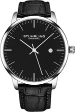 Stuhrling Original men's dress watch front view showing black minimalist dial.