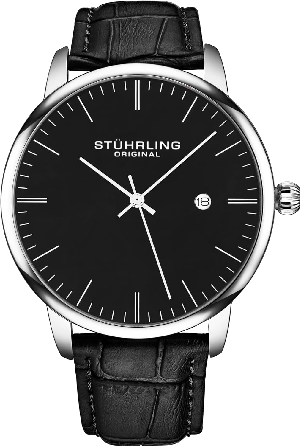 Stuhrling Original men's dress watch front view showing black minimalist dial.