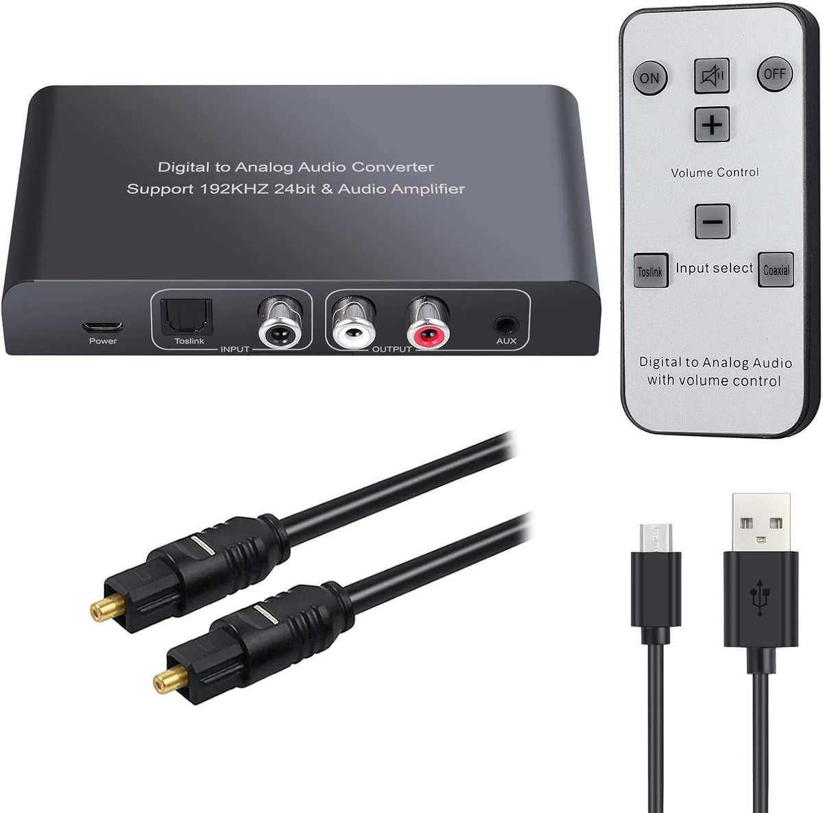 Neoteck 192kHz digital to analog audio converter front view showing volume control and ports