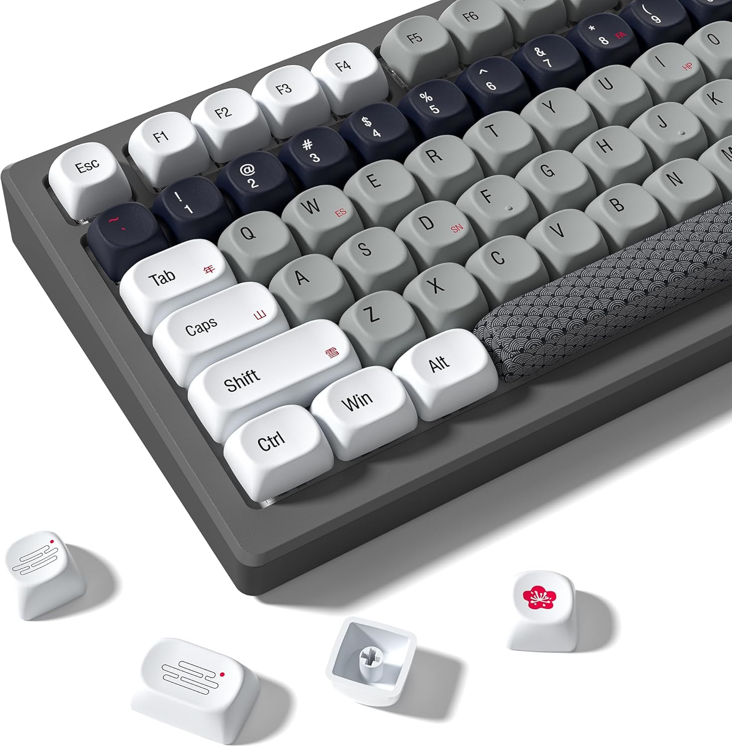 Klymra MOA Profile PBT Keycaps full layout view showing Japanese anime theme in gray white and red
