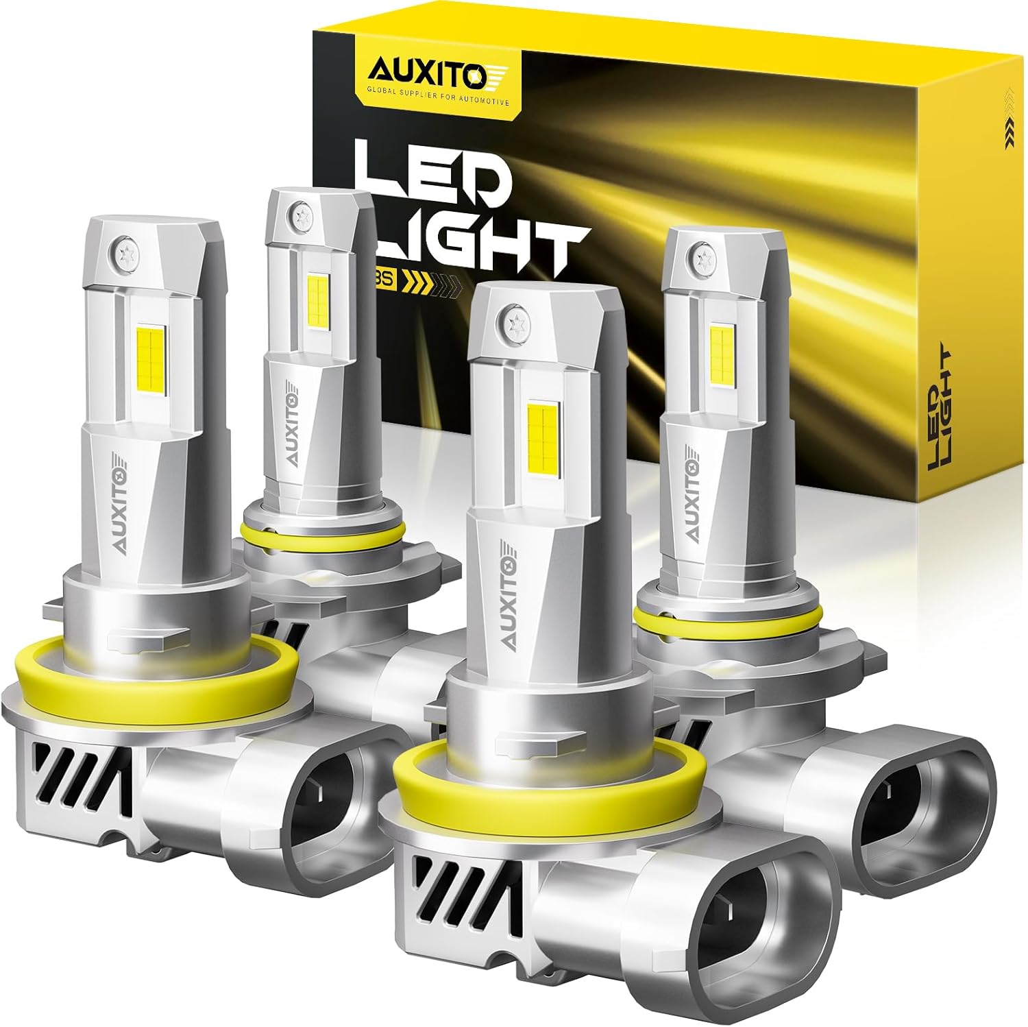 AUXITO H11 9005 LED headlight bulbs combo pack front view showcasing premium wireless aluminum housing.
