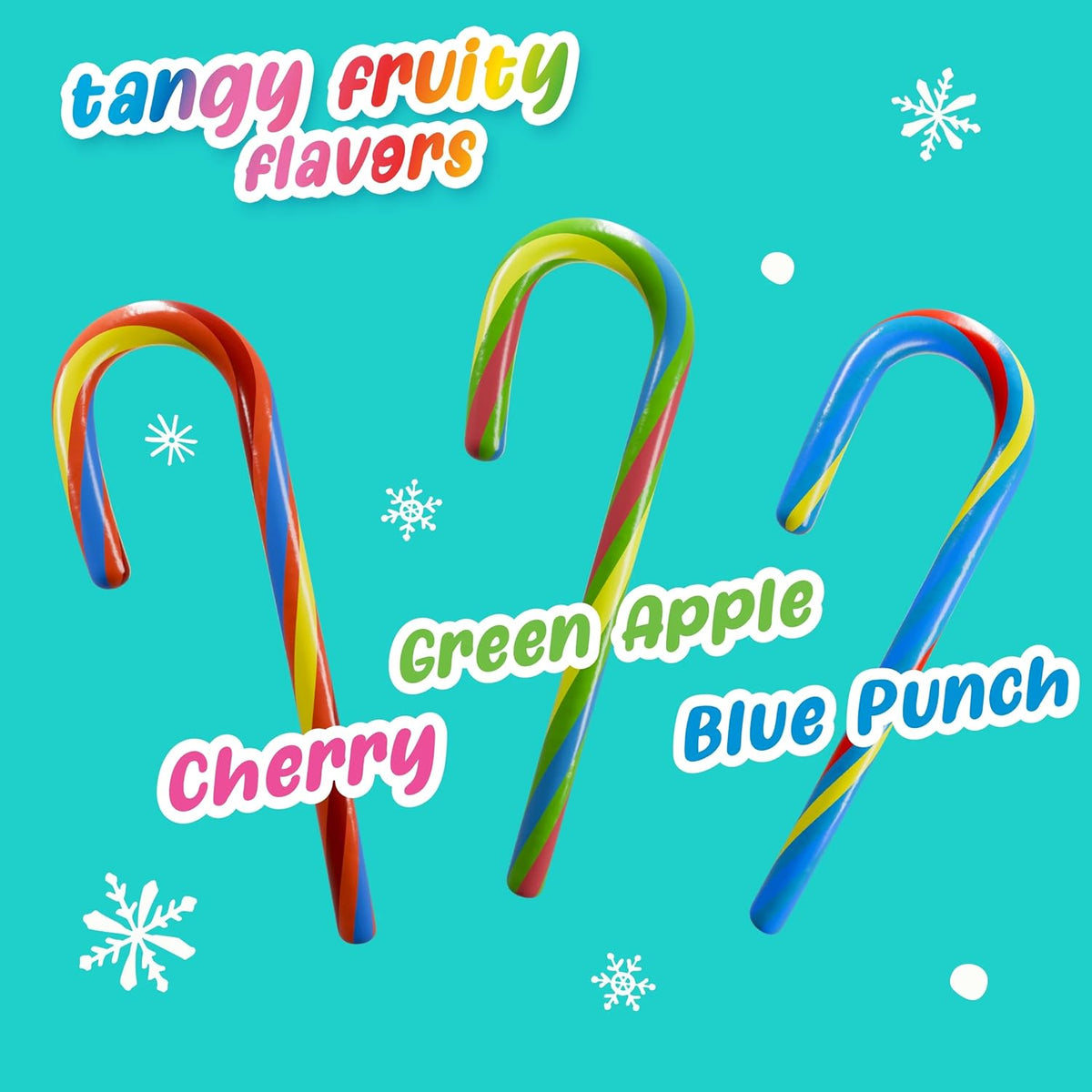Three flavors of SweeTARTS mini candy canes showing Blue Punch Green Apple and Cherry options