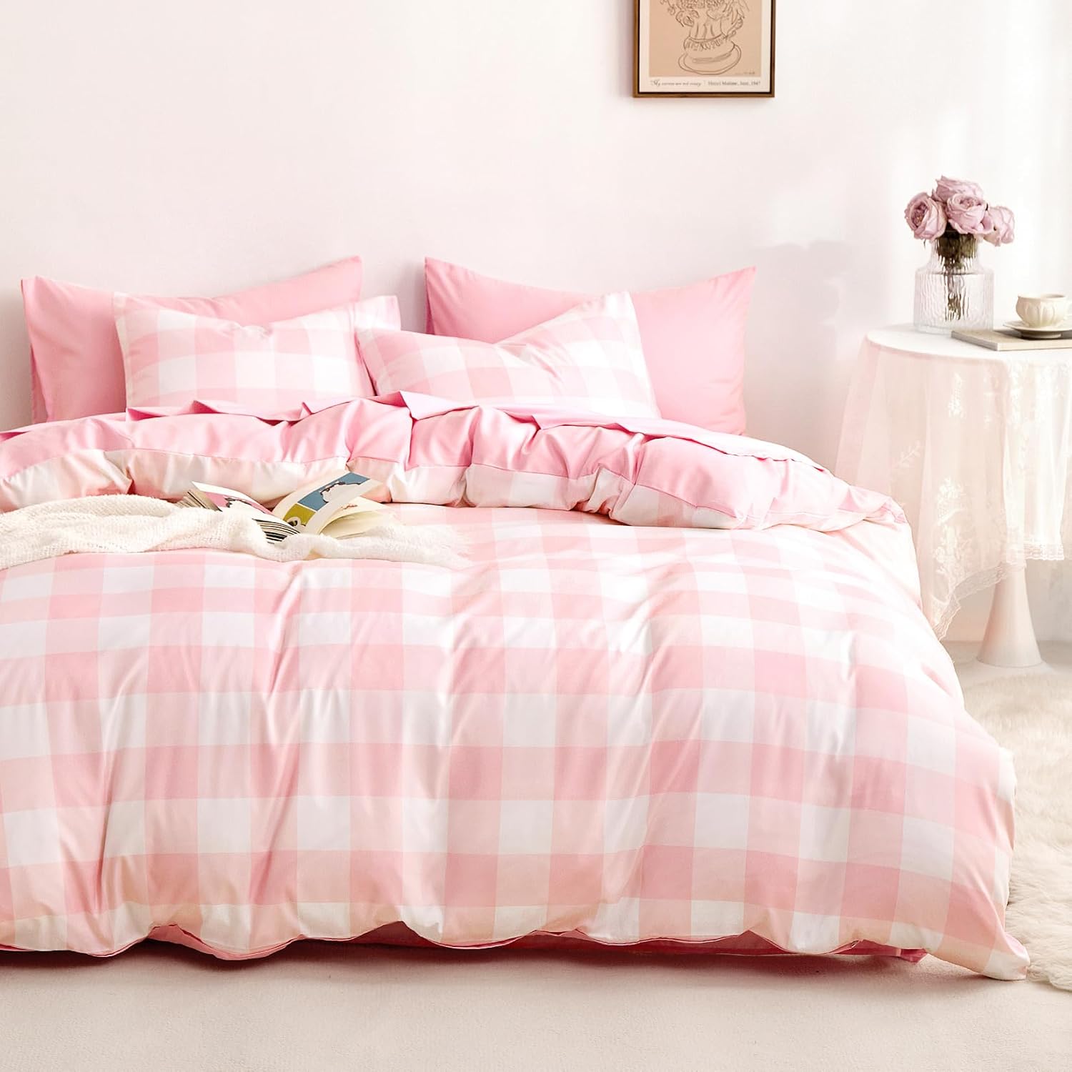 Wake In Cloud gingham duvet cover set front view on an aesthetic twin bed