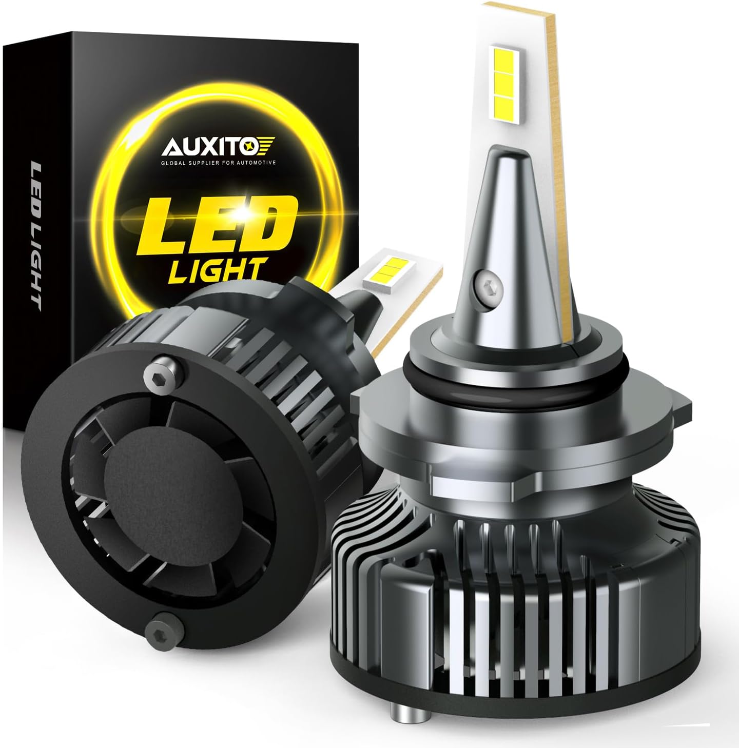 AUXITO 9006 HB4 LED fog light bulbs front view showing mini size design.