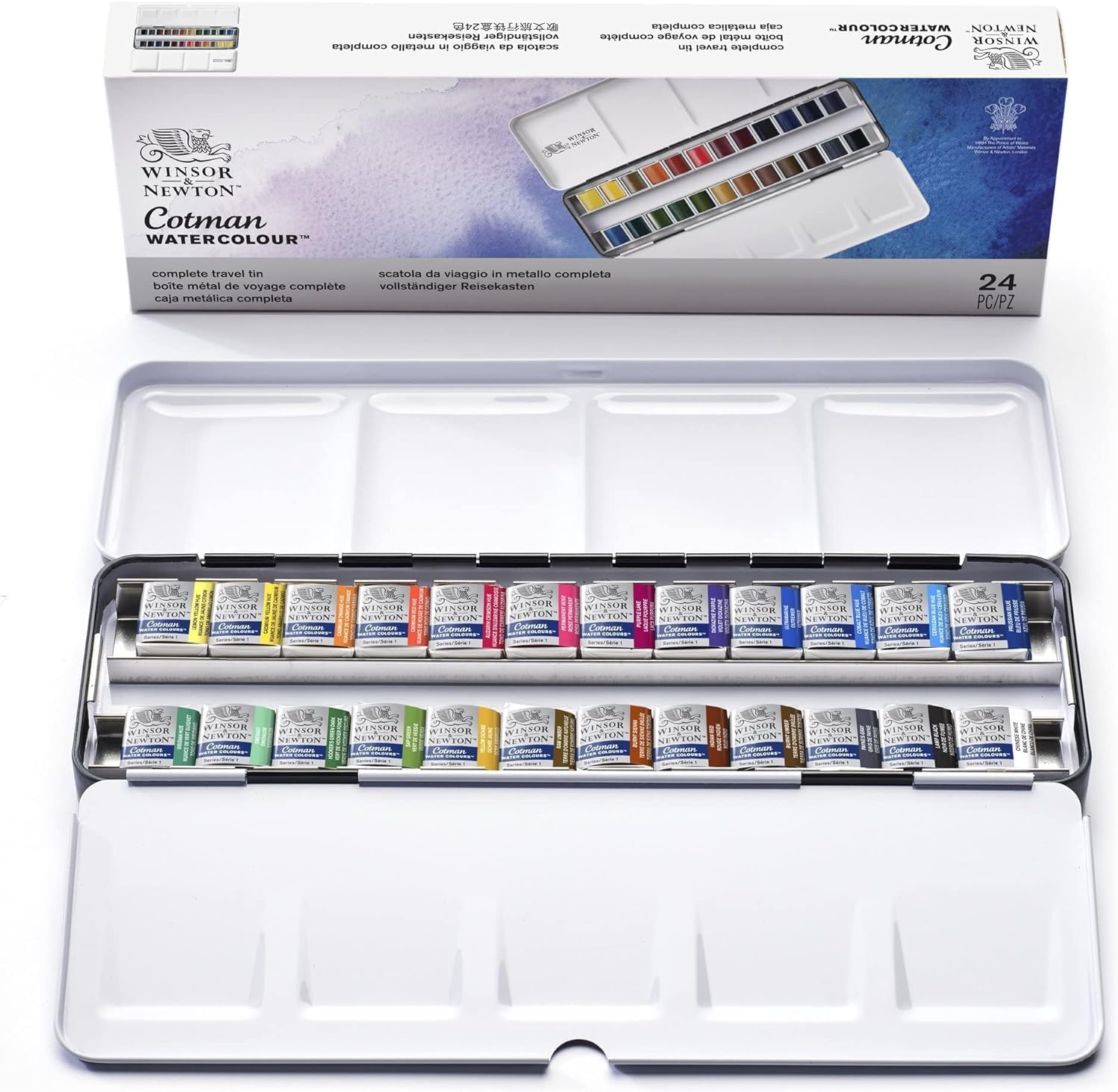 Winsor & Newton Cotman Water Colour Metal Sketchers Box - 24 Half Pens (Multicolor) - Image 1