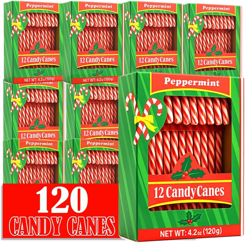 Muchai Innovations peppermint candy canes 120 pieces front view showing festive holiday packaging.