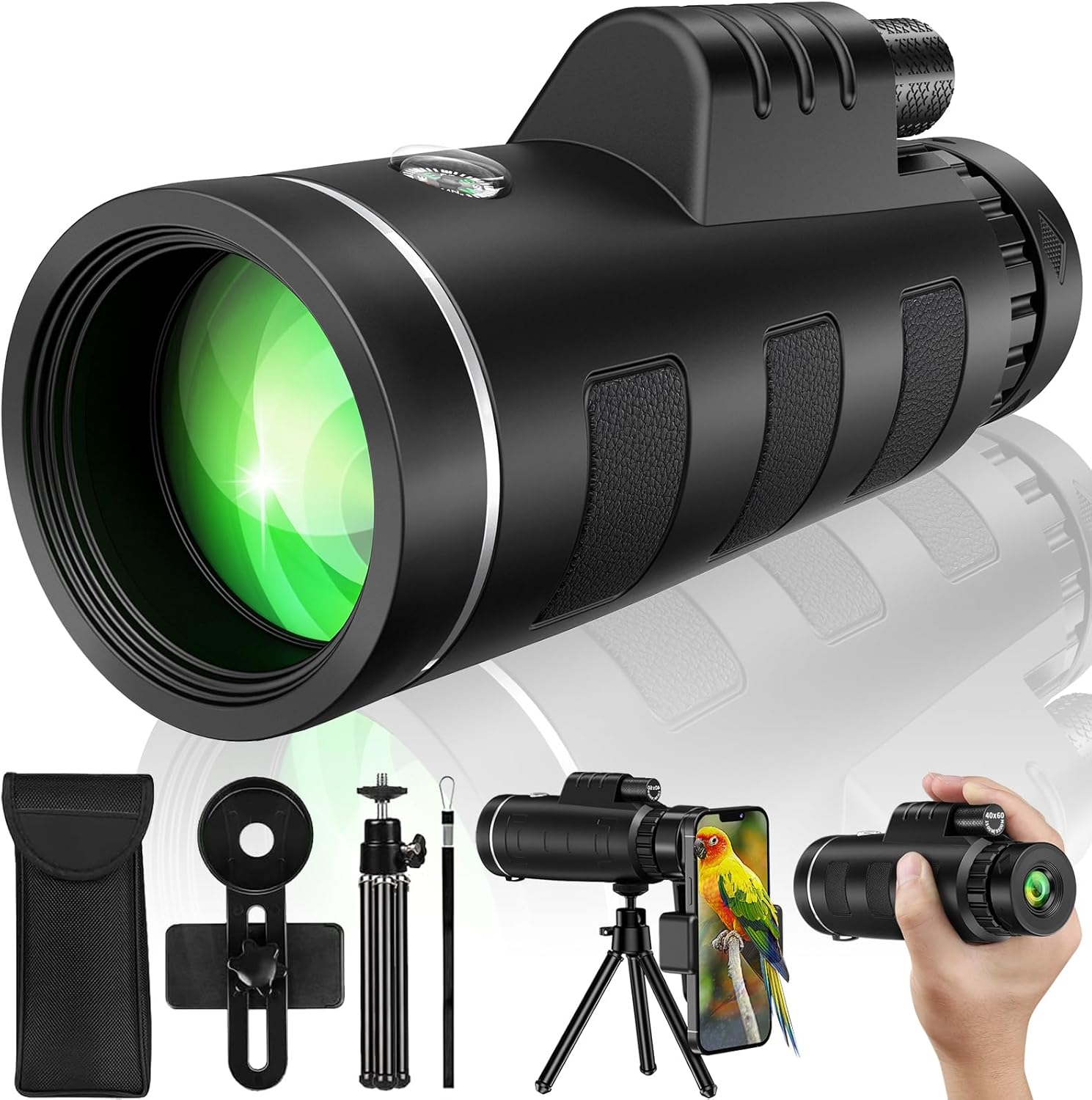 YEGASS 40x60 high power monocular telescope kit front view with smartphone adapter and tripod