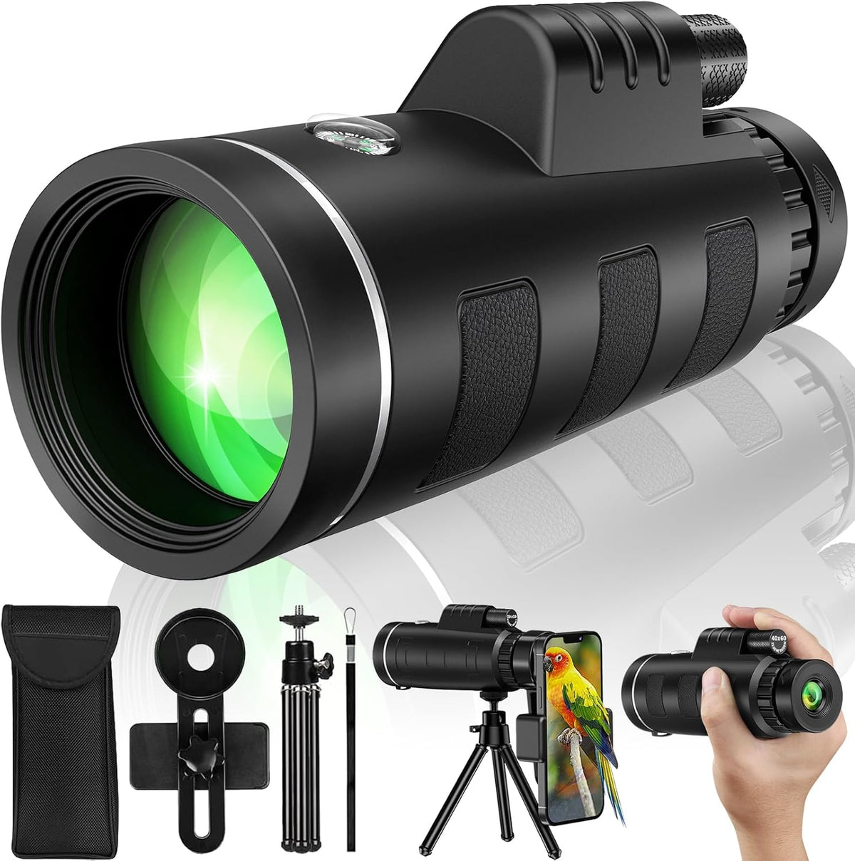 YEGASS 40x60 high power monocular telescope kit front view with smartphone adapter and tripod