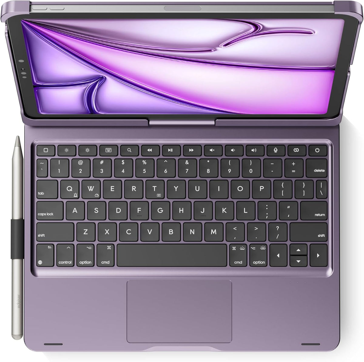 Edaiser Swivel Keyboard Case for iPad front view showing metallic purple finish and trackpad