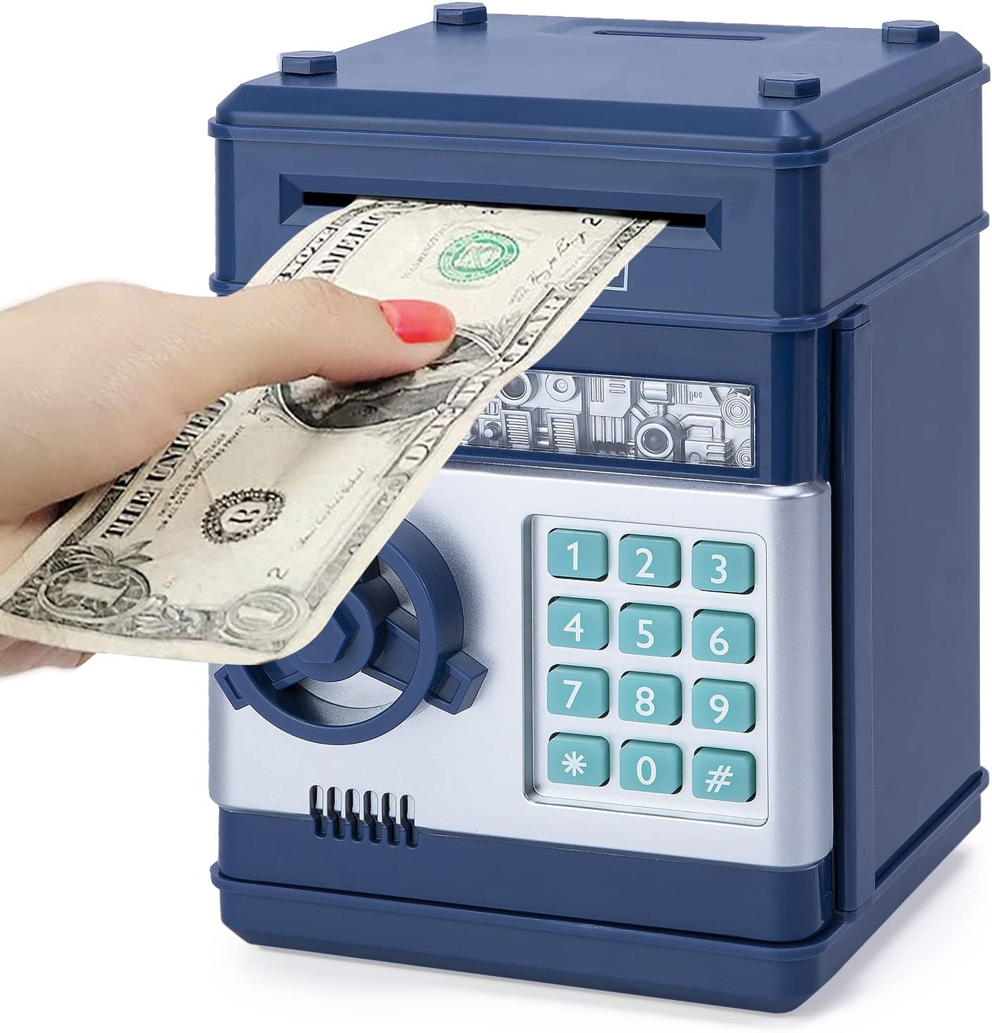 Refasy electronic piggy bank front view showing the navy blue mini ATM digital keypad.