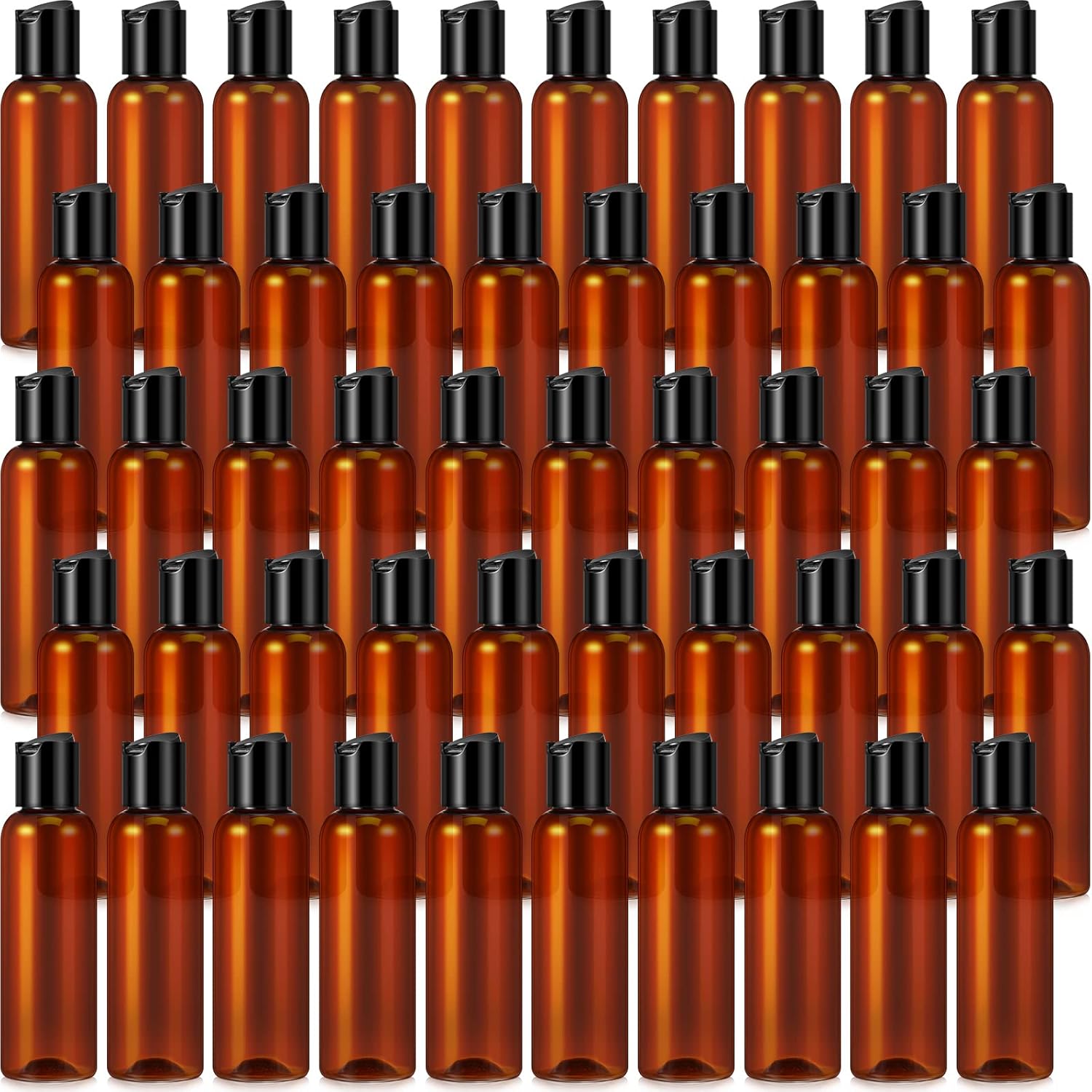 Mimorou amber plastic squeeze bottles front view showing forty-four ounce empty travel containers with black disc top flip caps.