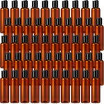 Mimorou amber plastic squeeze bottles front view showing forty-four ounce empty travel containers with black disc top flip caps.