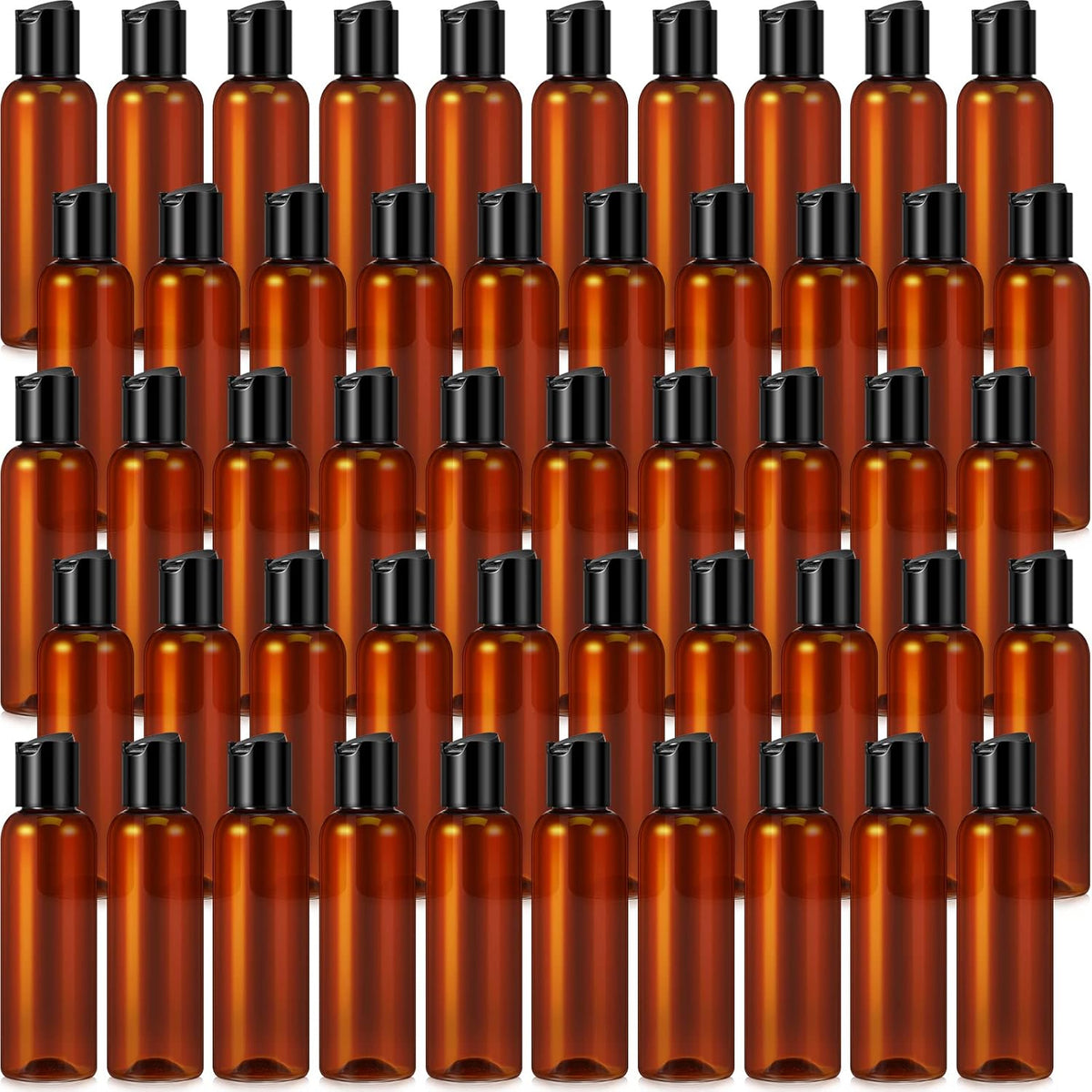 Mimorou amber plastic squeeze bottles front view showing forty-four ounce empty travel containers with black disc top flip caps.