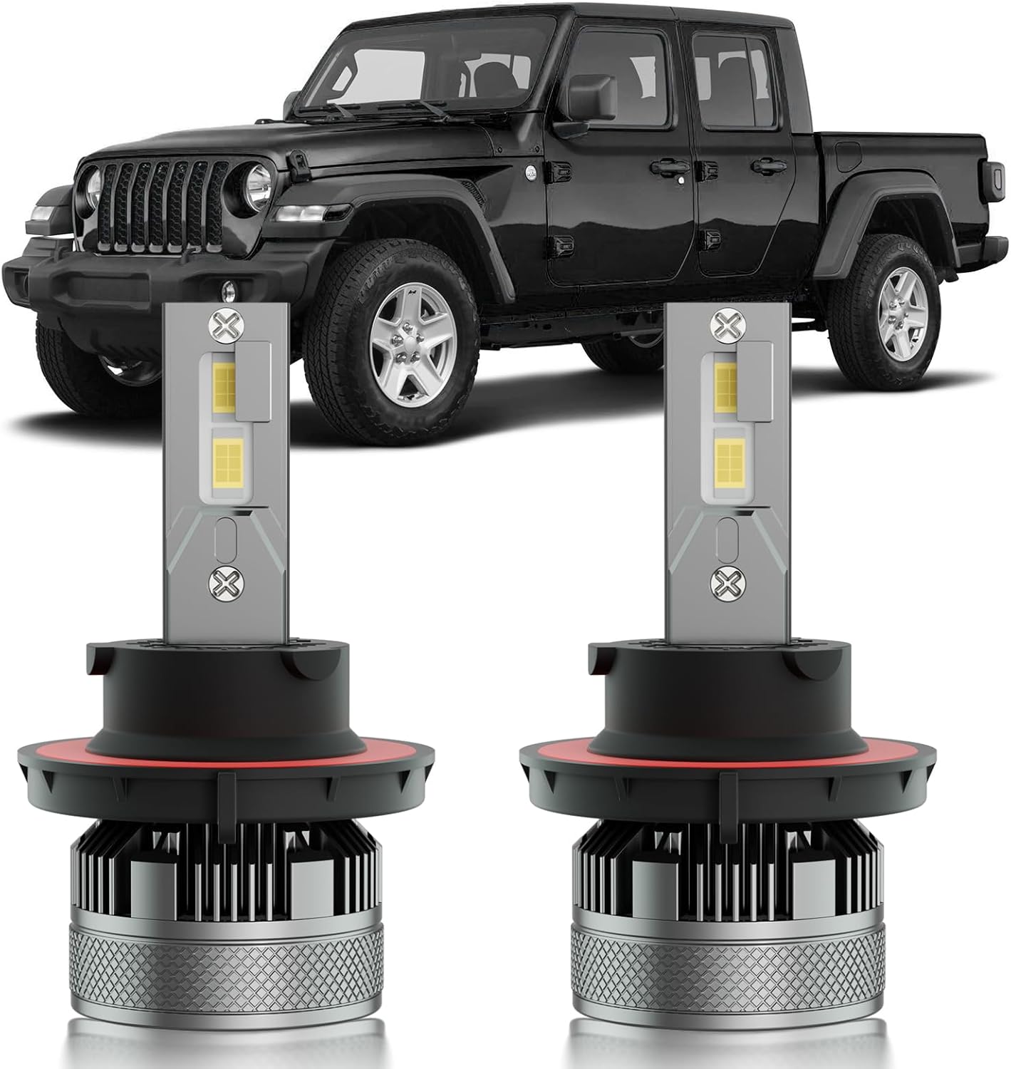 HUOKEDS Jeep Gladiator dual beam lights package front view showcasing the two premium white replacement bulbs.