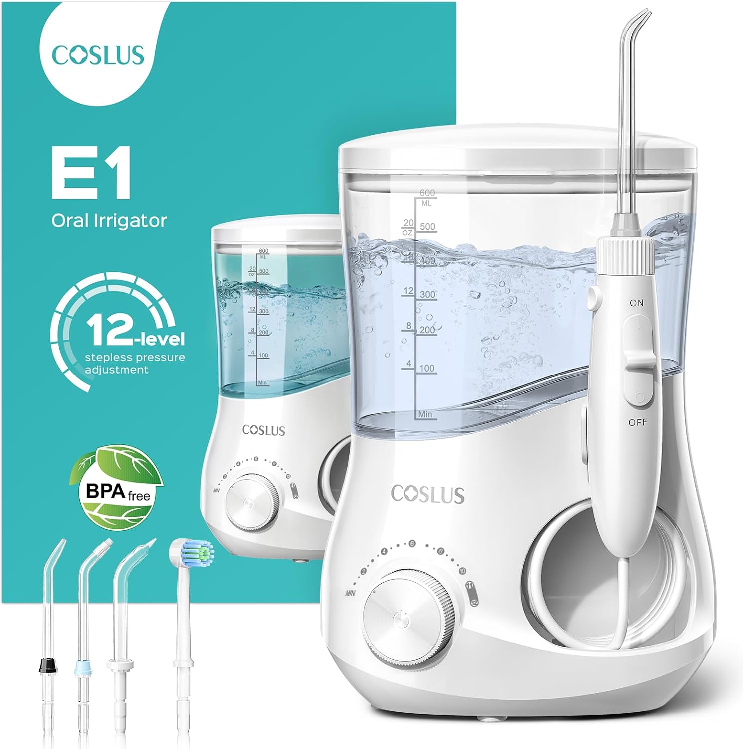 COSLUS Electric Water Flosser E1 countertop unit in white color front view