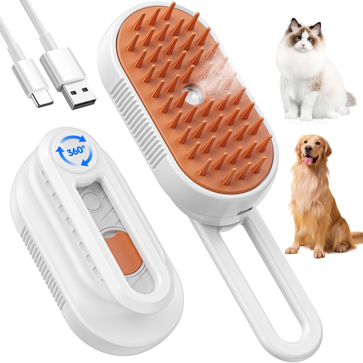 PSKONTORORA 4 in 1 cat steam brush front view showing white and orange body with foldable handle