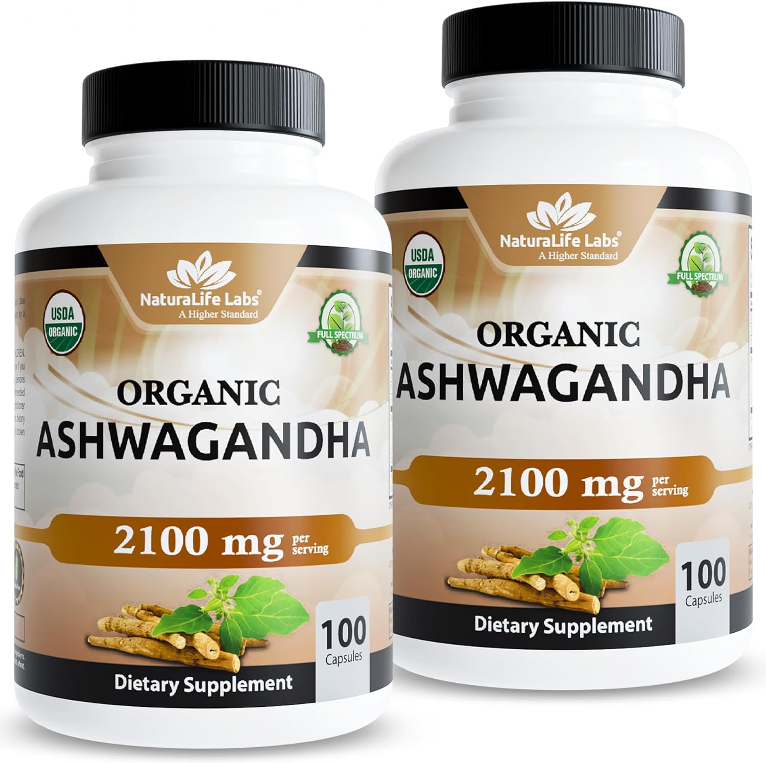 NaturaLife Labs Organic Ashwagandha 2100mg front view of two bottles for stress relief