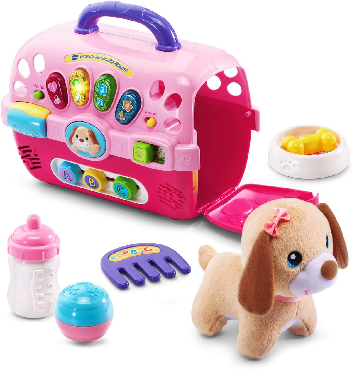 VTech Care for Me Learning Carrier Pink front view showcasing the electronic activity panel.