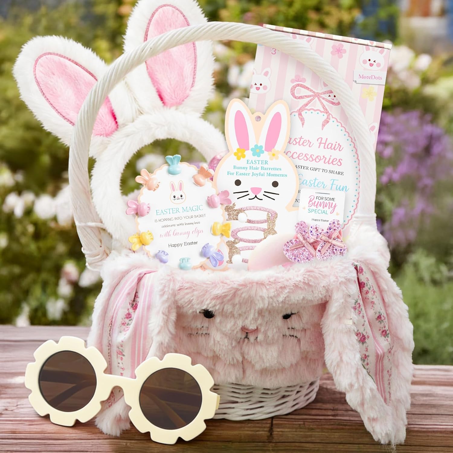 MOREDOTS Easter hair accessories and sunglasses set front view showing plush bunny ear headband and pink flower sunglasses
