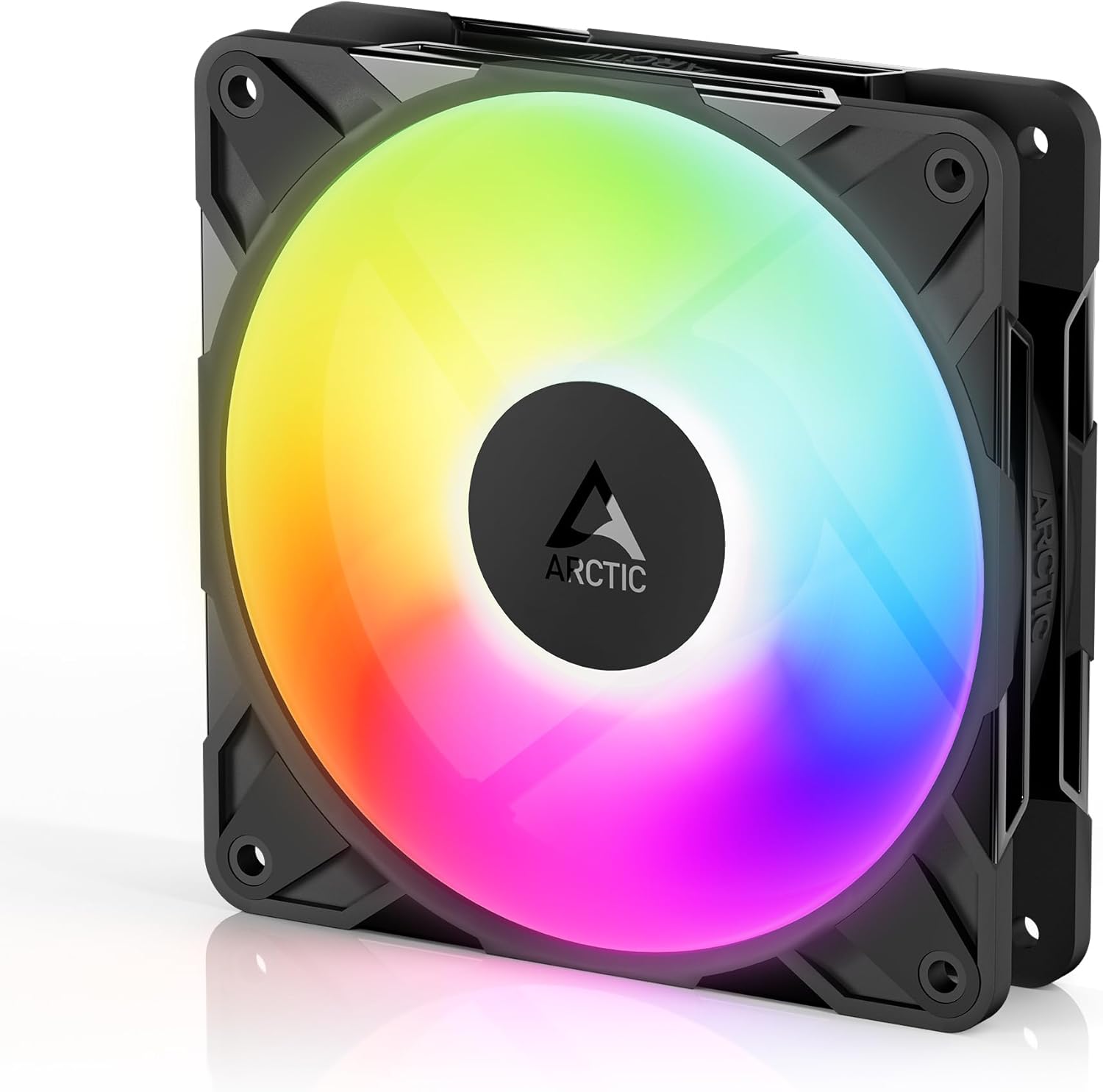 ARCTIC P12 Pro Reverse A-RGB 120mm premium PC case fan front view showcasing black frame and illuminated blades