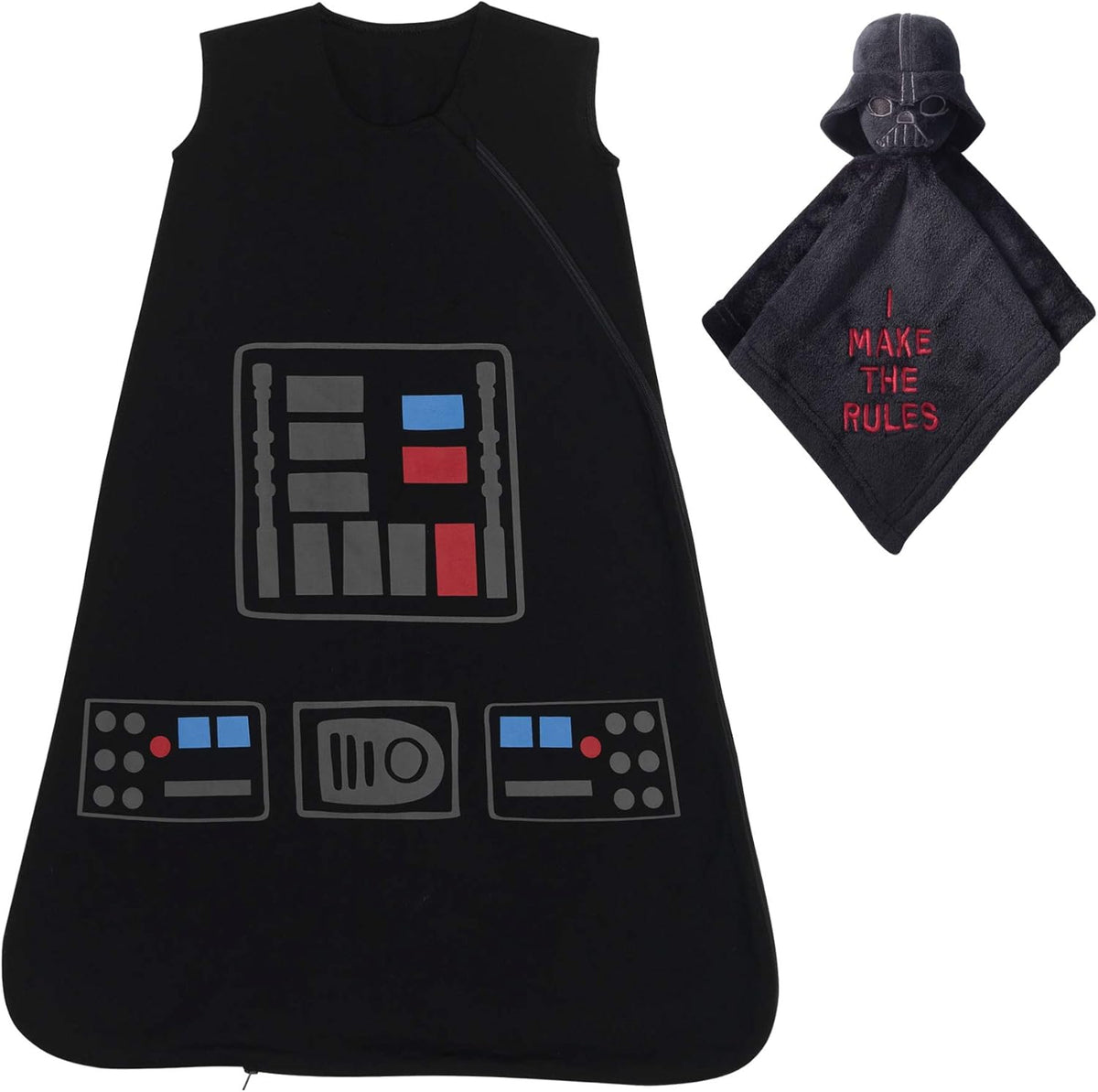 Lambs & Ivy Star Wars Darth Vader wearable blanket and lovey gift set front view packaged together.