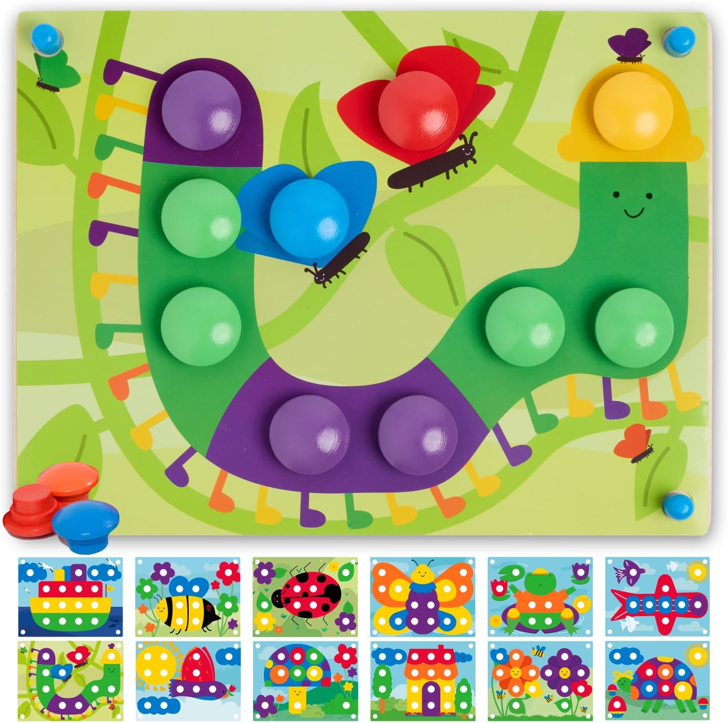 Nene Toys Wooden Color Matching Mosaic Pegboard puzzle front view showcasing colorful buttons and wooden base.