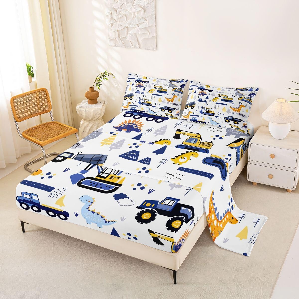 Feelyou construction car bed sheet set for boys front view