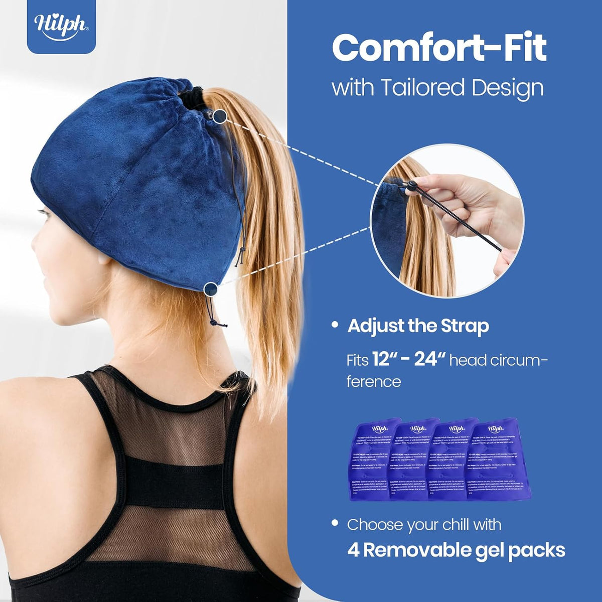 Demonstration of the top hair opening feature on the Hilph headache relief cap