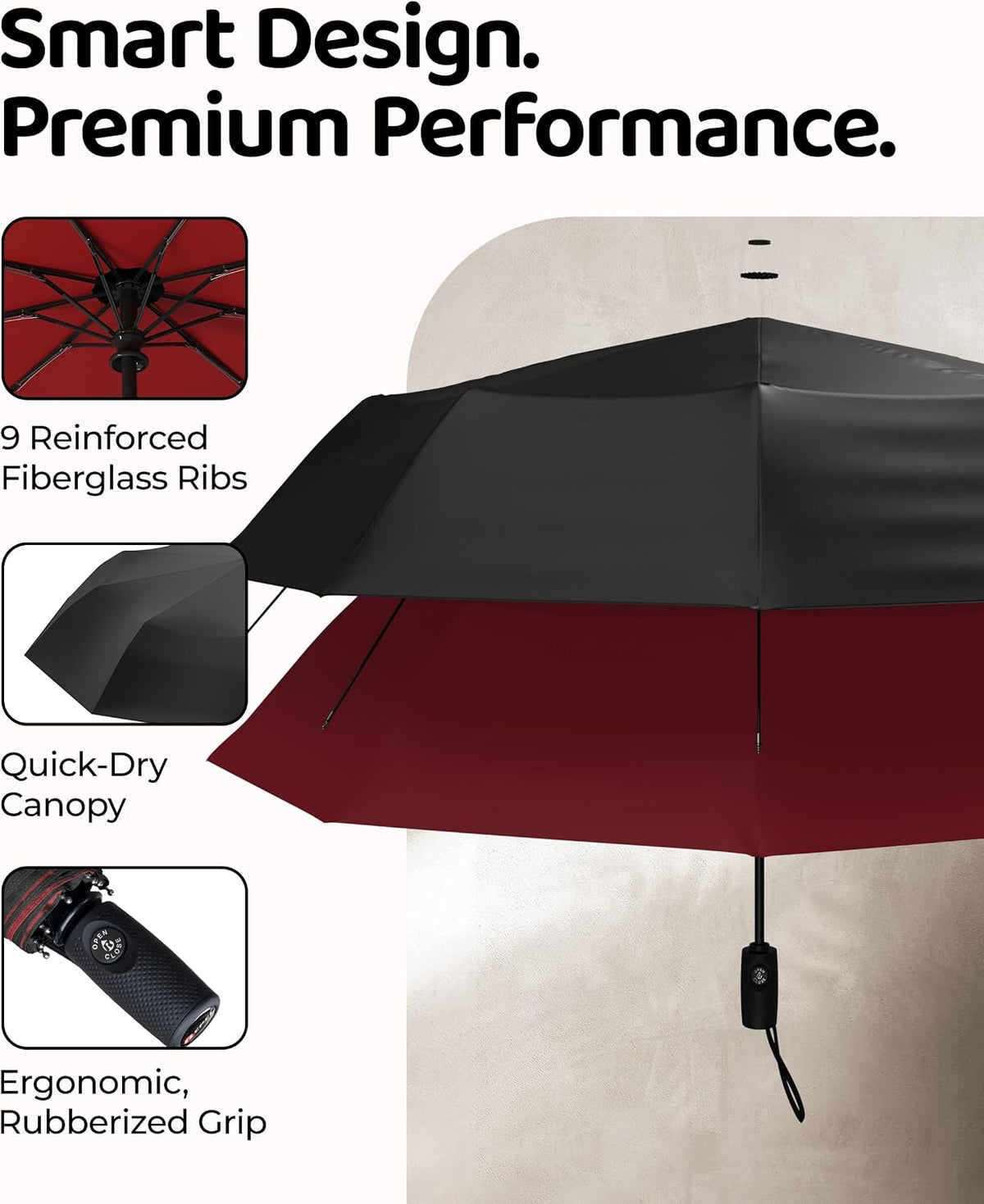 Windproof Travel Umbrella - Compact & Withstands Winds up to 100MPH, Strongest Premium Auto Folding Umbrella for Rain and Sun - Durable, Light & Portable for Women & Men, Fits Backpack & Cars - Image 3