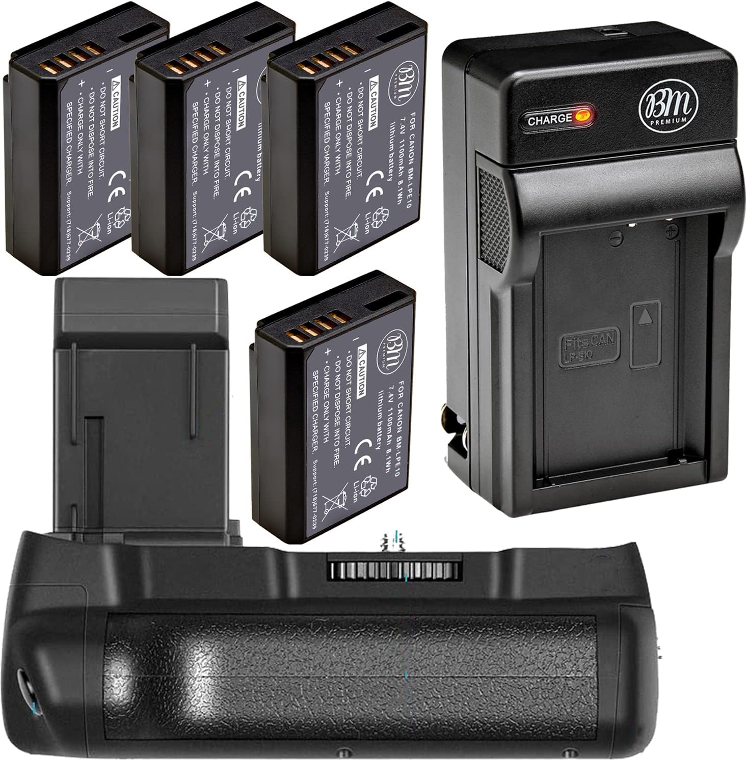 BM Premium vertical battery grip kit showing front view with dual battery compartments and rubberized textures
