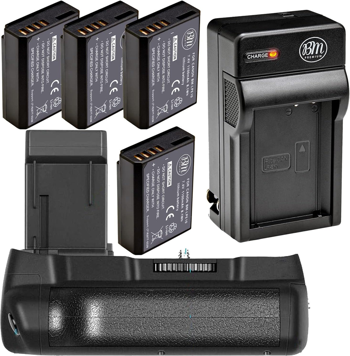 BM Premium vertical battery grip kit showing front view with dual battery compartments and rubberized textures