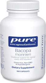Pure Encapsulations Bacopa Monnieri 180 capsules front bottle view premium nootropic supplement for memory support.