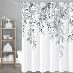 Gibelle grey eucalyptus shower curtain front view featuring botanical watercolor leaves