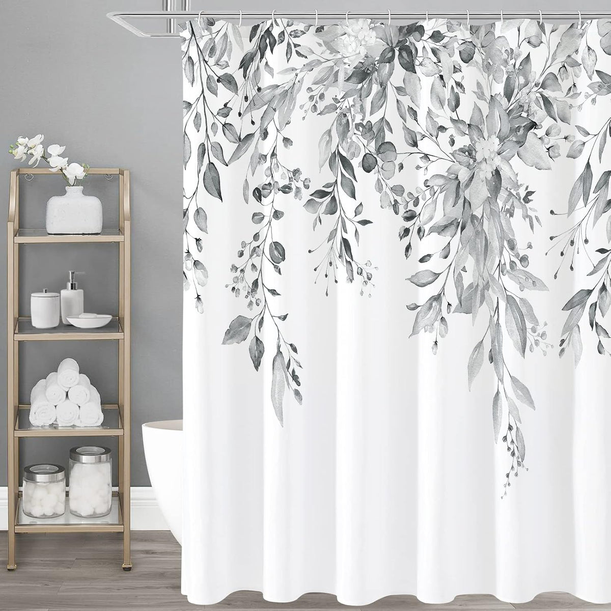 Gibelle grey eucalyptus shower curtain front view featuring botanical watercolor leaves