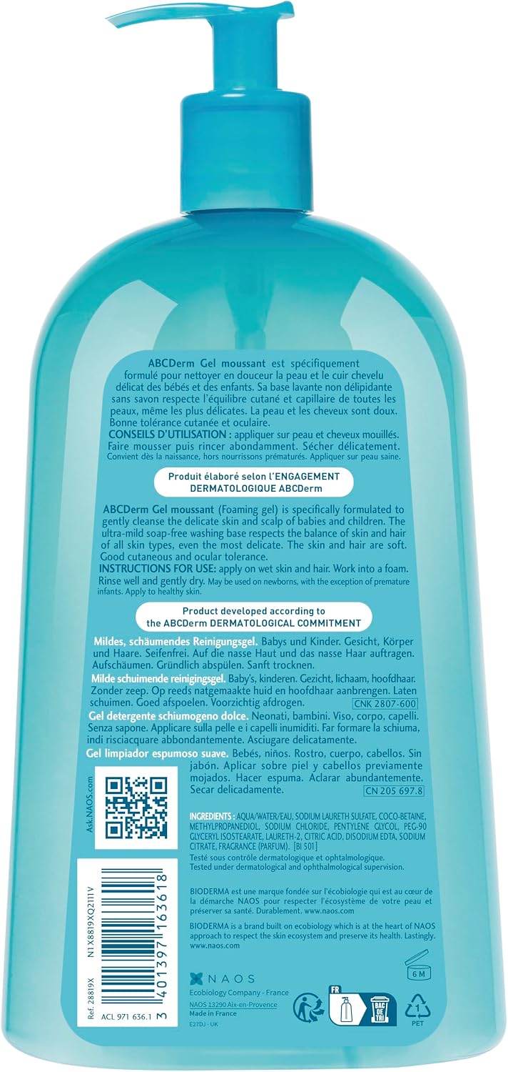 Back label of Bioderma ABCDerm Foaming Gel showing ingredients