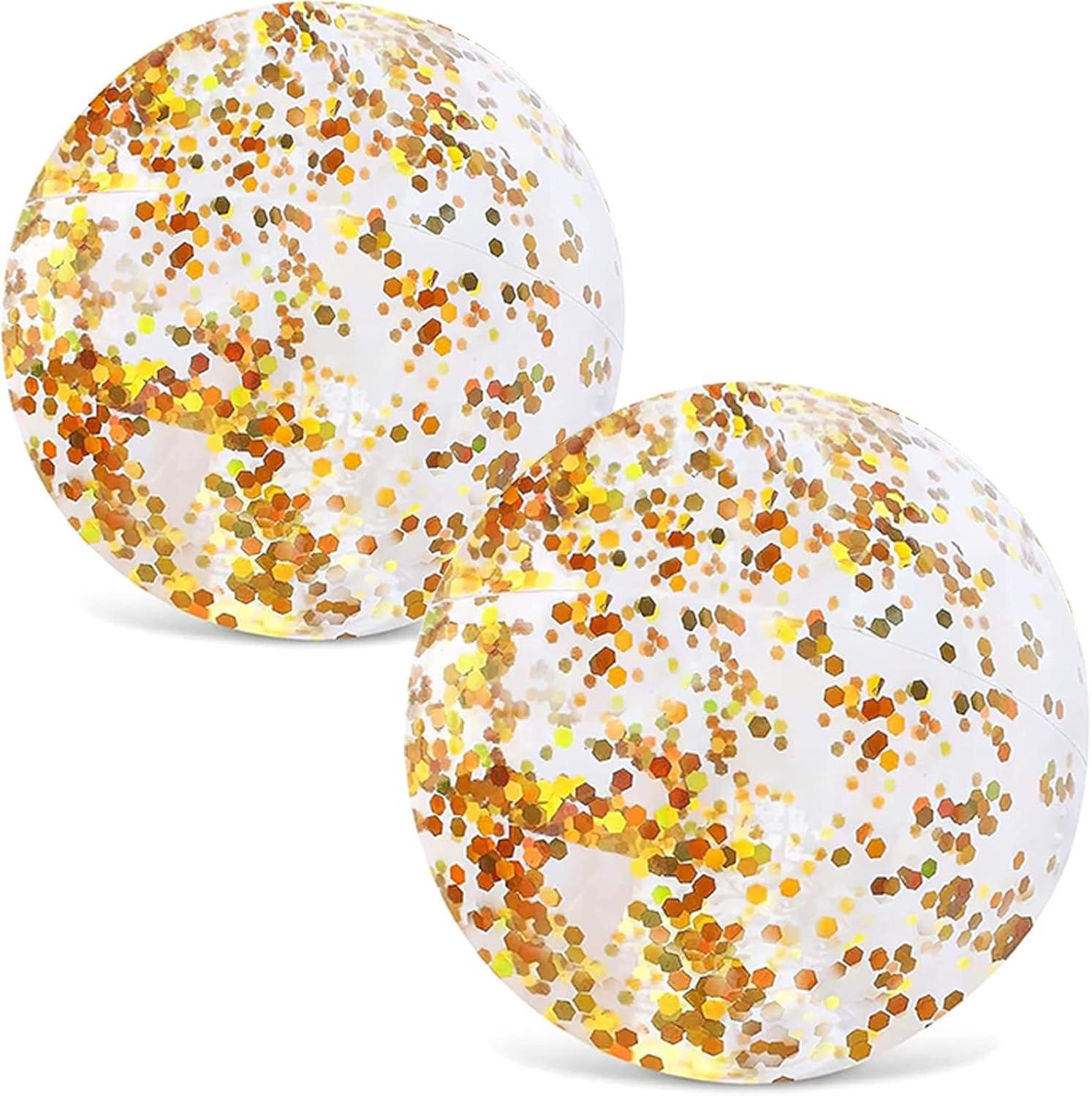 FuturePlusX glitter beach balls front view showcasing two transparent inflatable pool toys filled with sparkling gold confetti.