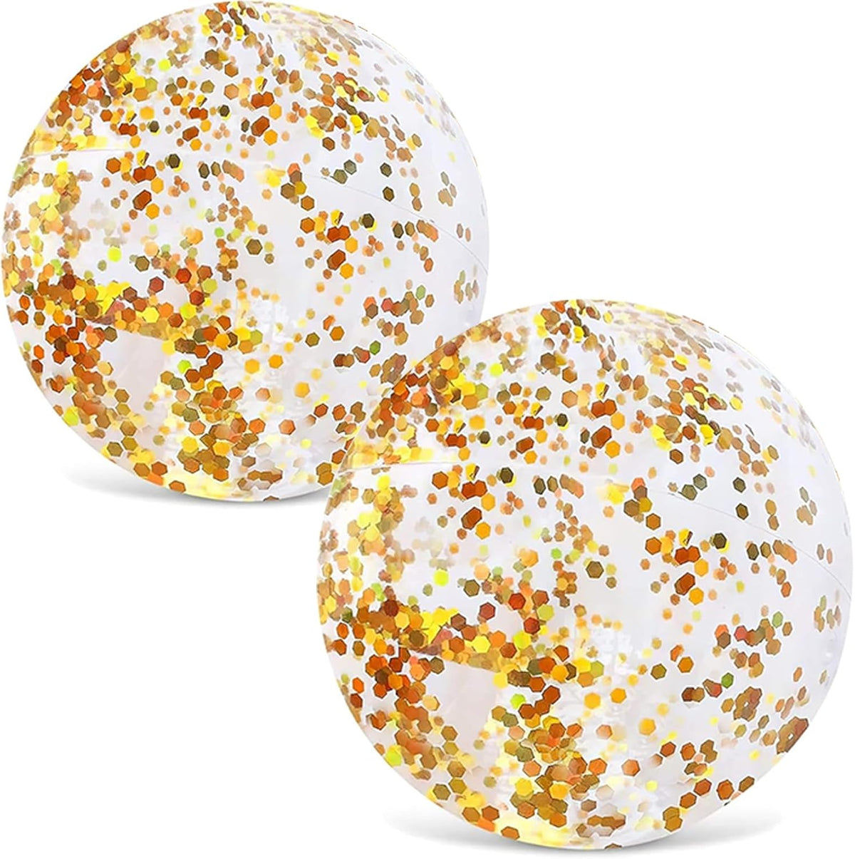 FuturePlusX glitter beach balls front view showcasing two transparent inflatable pool toys filled with sparkling gold confetti.